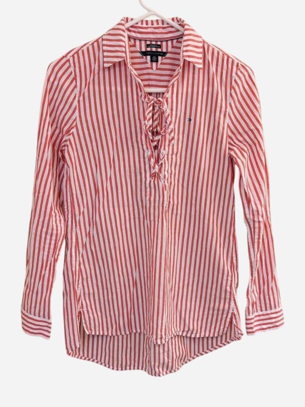 Tommy Hilfiger Red White Striped Lace-Up V-Neck Button Front Shirt Size XS